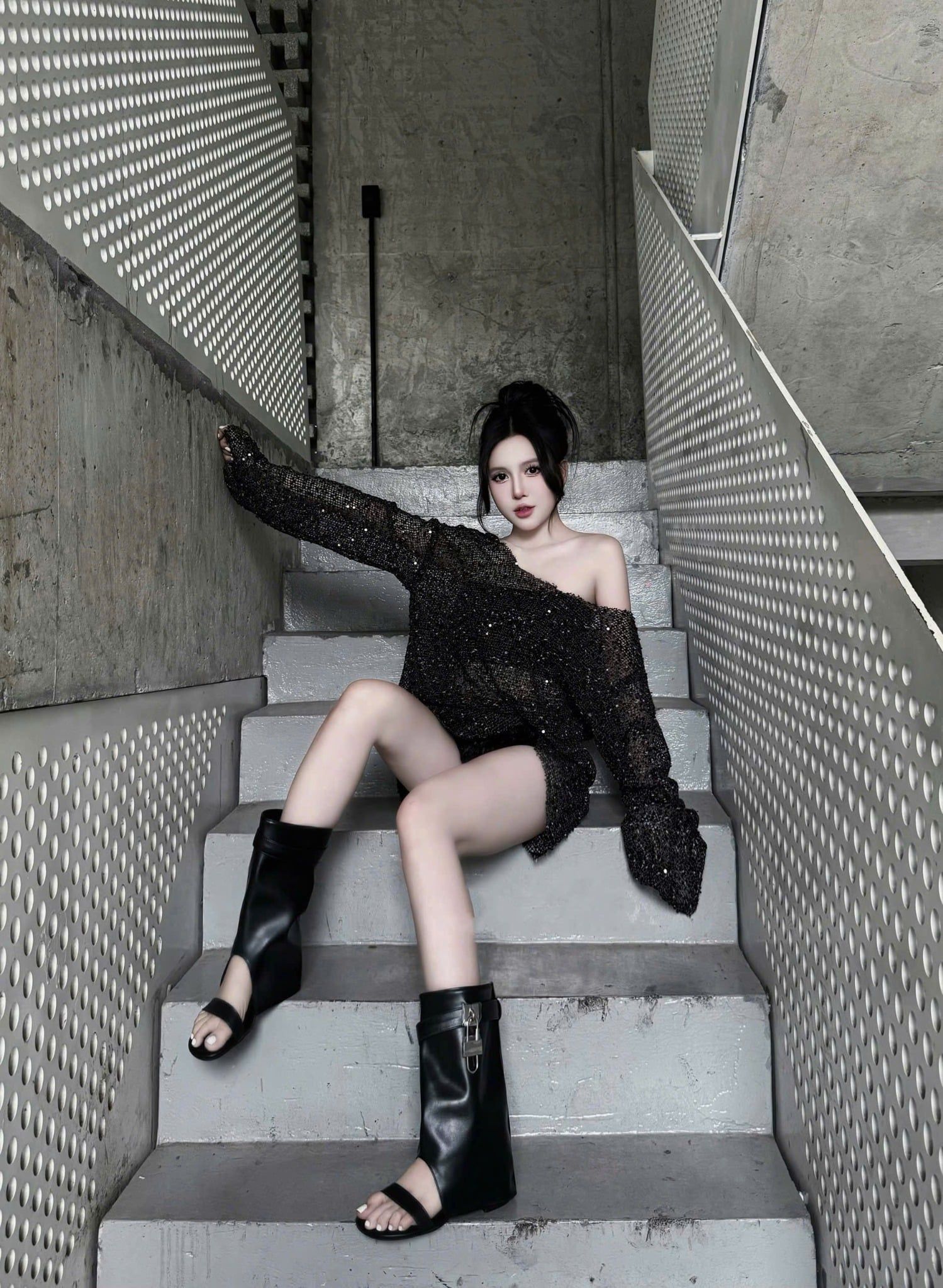  Set 2 áo tay dài lưới kim sa kèm quây cao cấp - ĐEN - S92 