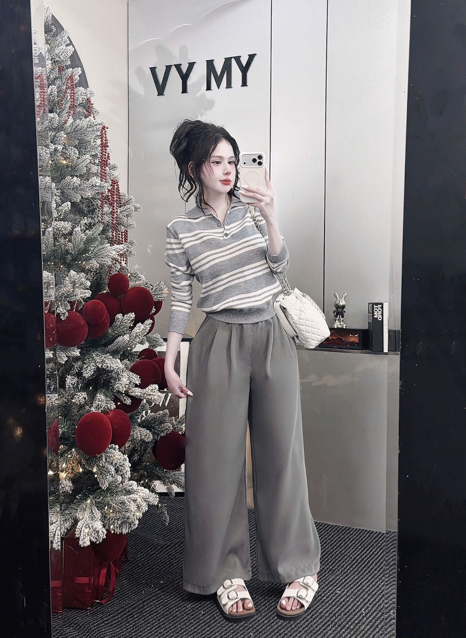  Quần suông rộng rút eo cạp chun 6cm - GHI - A77 ( DÀI 92CM ) 