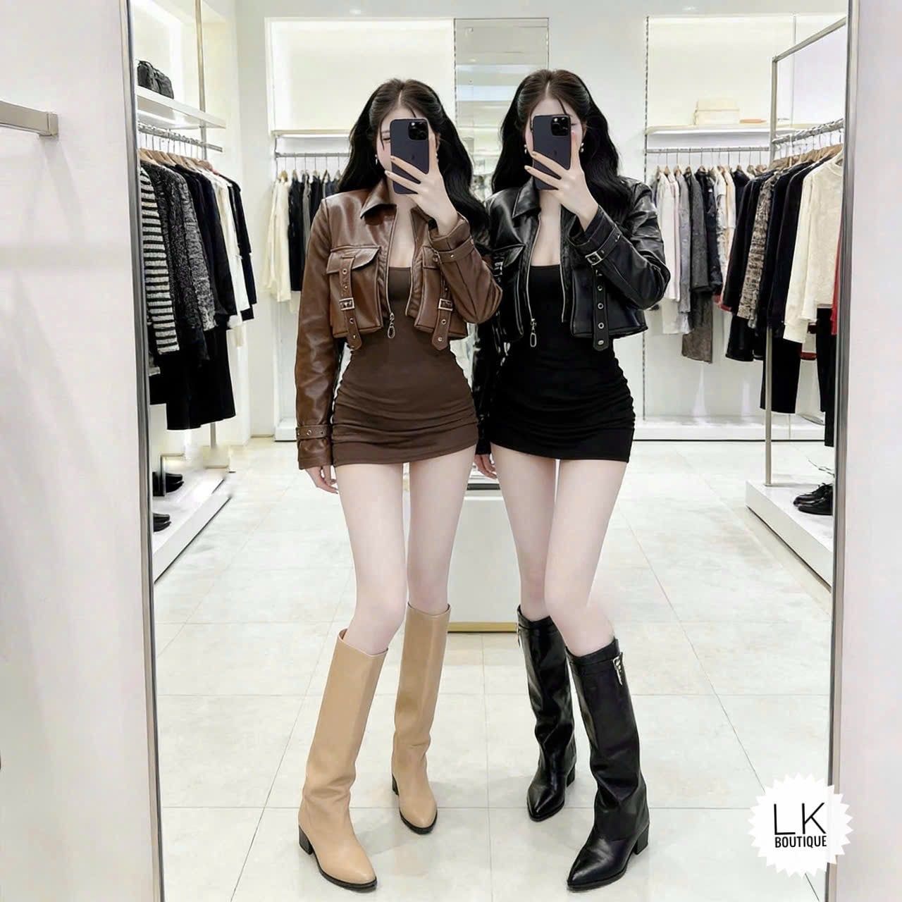  Set áo khoác ngắn cổ lật + đầm ôm body - NÂU - S106 ( S<51KG , M<56KG ) 