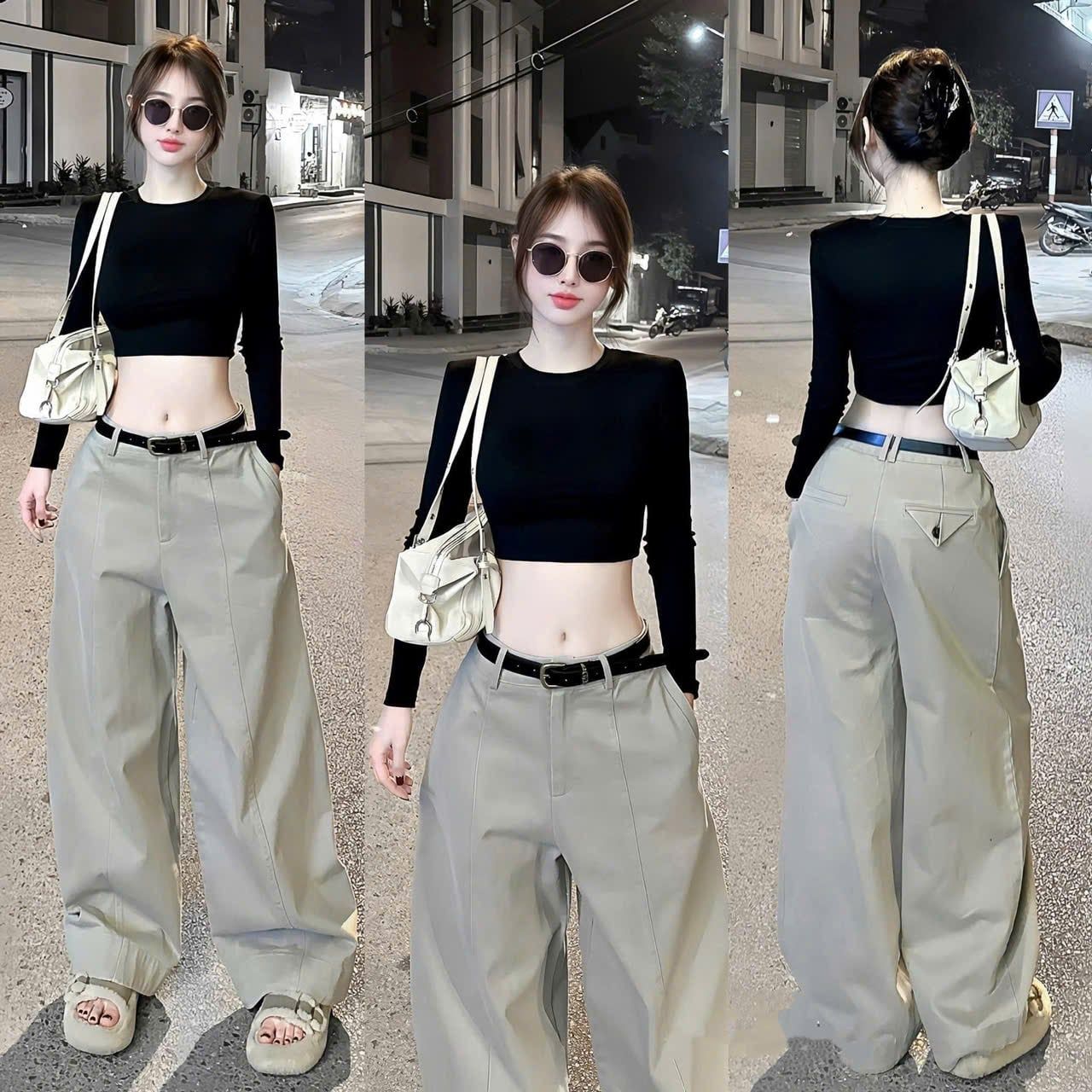  Set 3 món áo tay dài croptop mix quần suông dài kèm đai - E2 (EO S<68, M<72) 