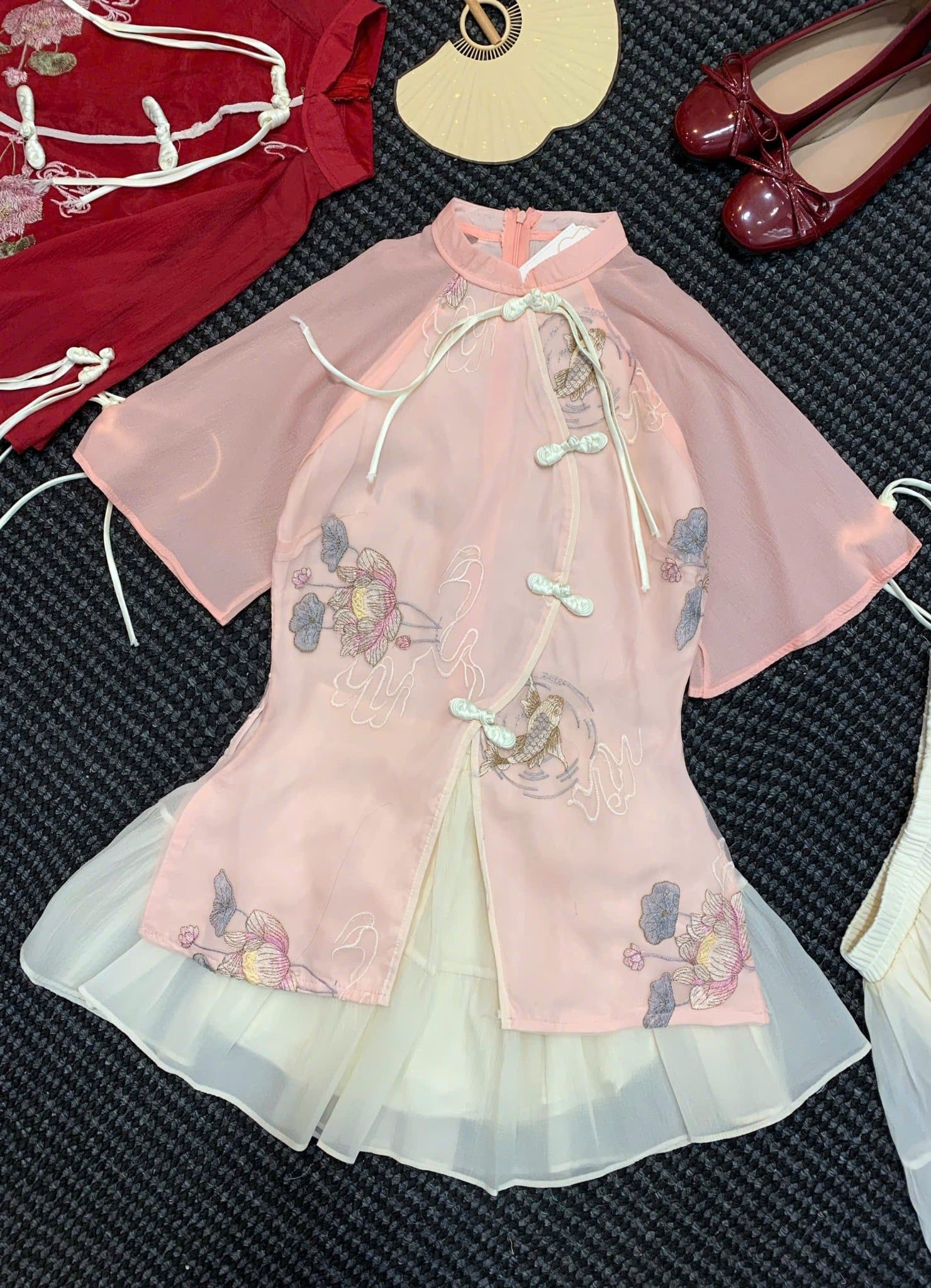  Set bộ áo cách tân thêu nút tàu xẻ mix chân váy xoè - HỒNG - S46 