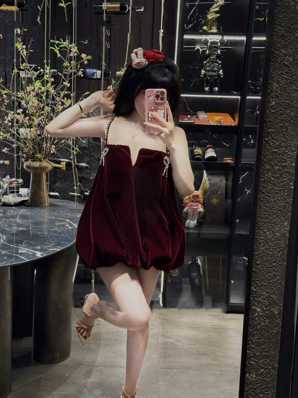  Váy nhung bí form babydoll đính nơ đá tiểu thư - ĐỎ - R296 