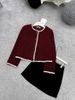 Set 2 món áo khoác dạ cổ tròn viền line mix chân váy nhung ngắn - S183 (EO S<68, M<72)