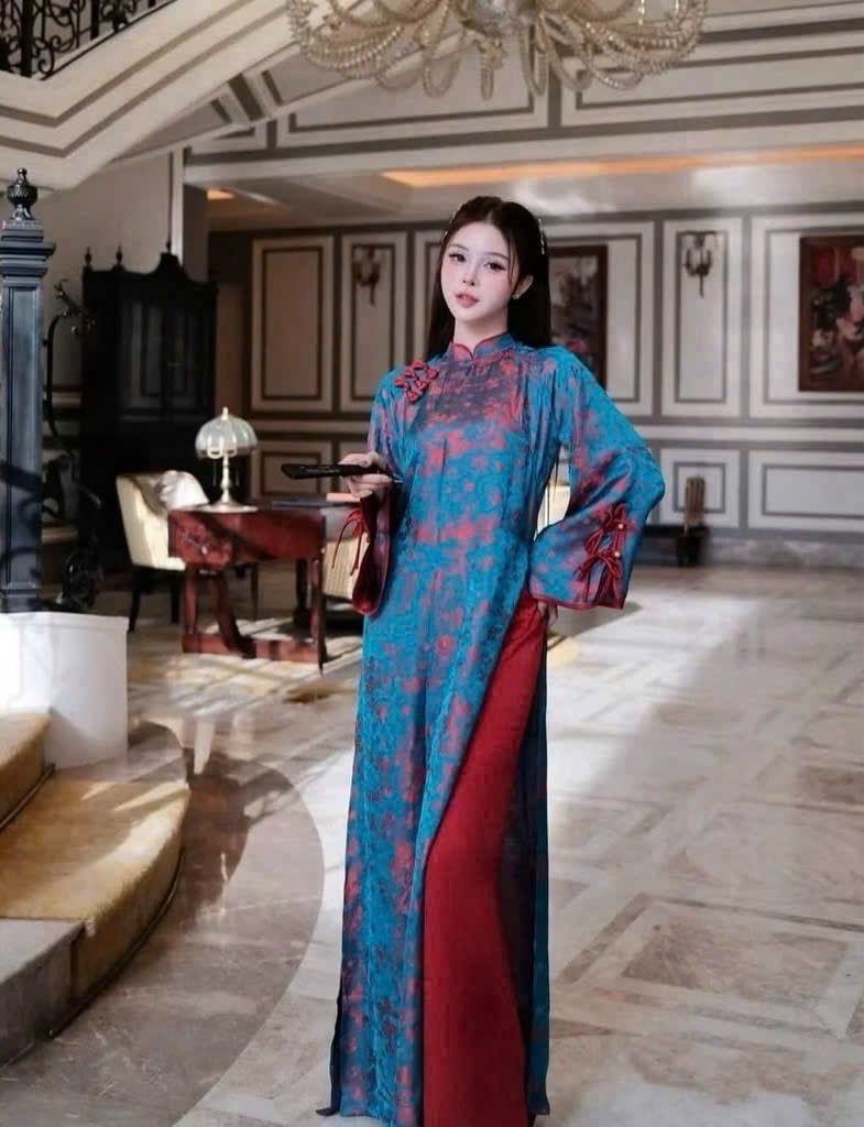  Set 2 món áo dài vân hoa cổ thấp + quần lụa hottrend - XANH - E7 