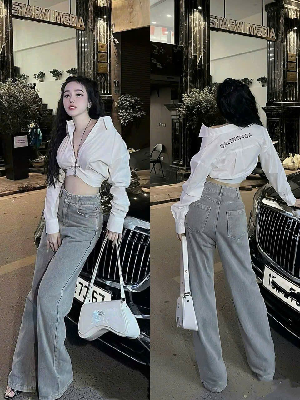  Set áo sơ mi form ngắn Balen mix quần jean suông ống rộng - TRẮNG - E23 (EO S<68, M<72) 