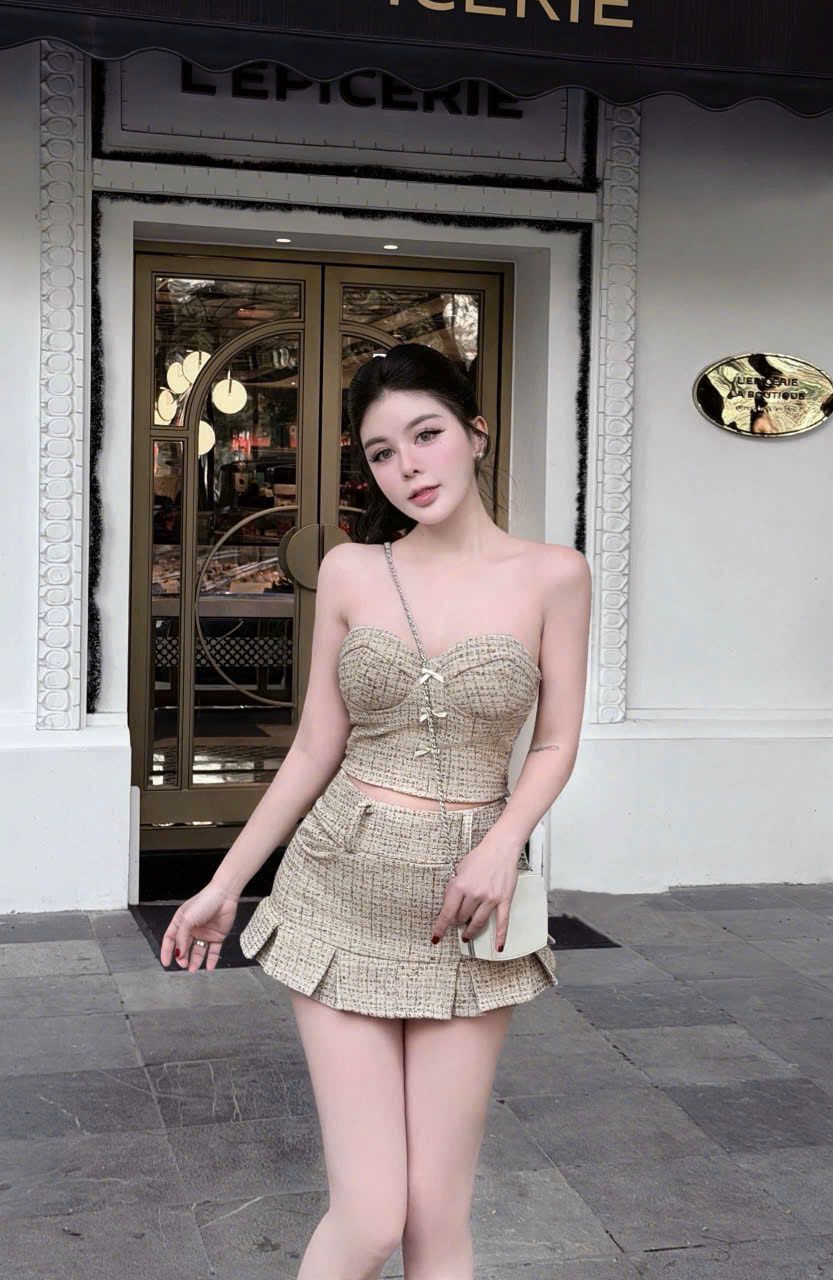  Set dạ áo cúp ngực đính nơ mix chân váy xòe - BE - E37 (EO S<68, M<72) 