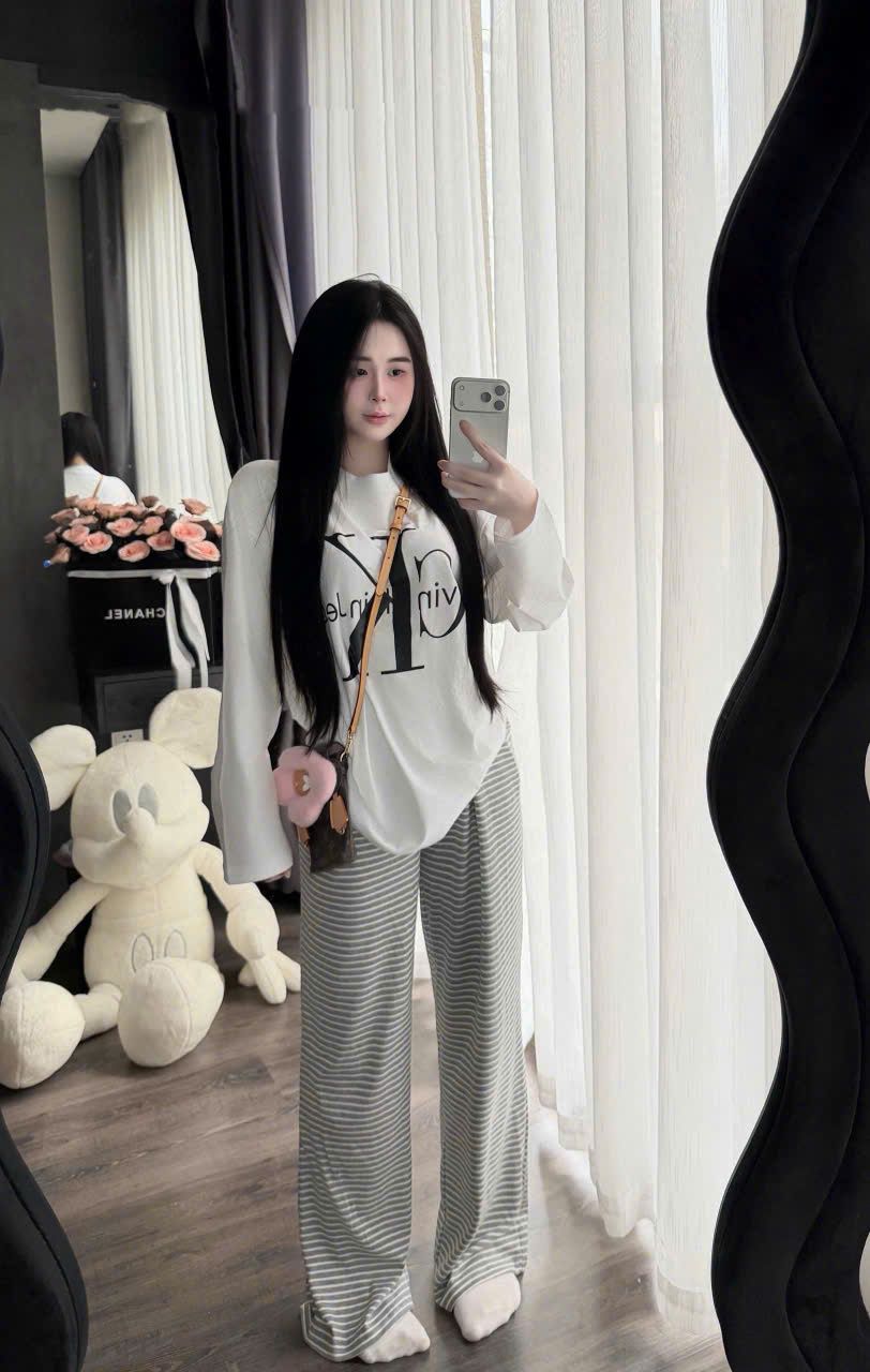  Set áo tay dài form rộng CK mix quần suông dài kẻ - E39 