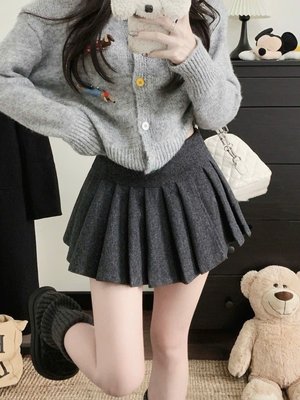  Chân váy dạ xếp li lưng bản - XÁM - E58 (EO S<68, M<72) ( dài 30cm ) 