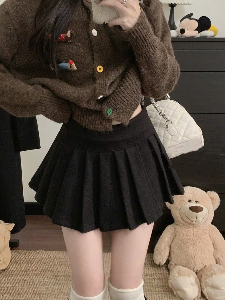  Chân váy dạ xếp li lưng bản - ĐEN - E56 (EO S<68, M<72) ( dài 30cm ) 