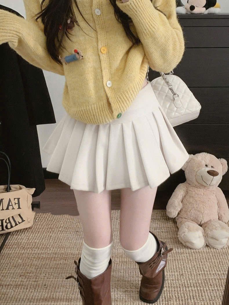  Chân váy dạ xếp li lưng bản - KEM - E59 (EO S<68, M<72) ( dài 30cm ) 