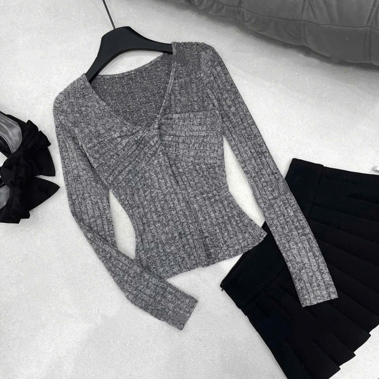  Áo tay dài xoắn ngực thun gân MPB - XÁM - E65 