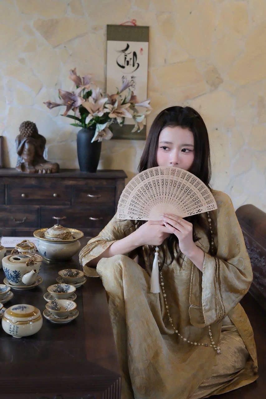  Set áo dài cổ tàu tay lỡ vân họa tiết mix quần lụa - E96 