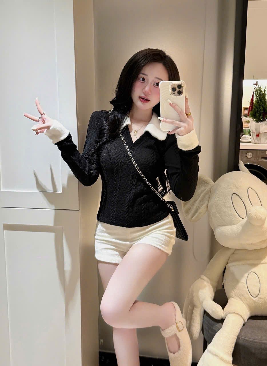  Set áo tay dài cổ đức mix quần short lông thỏ - TRẮNG - E104 (EO S<68, M<72) - TÍNH MÀU QUẦN 