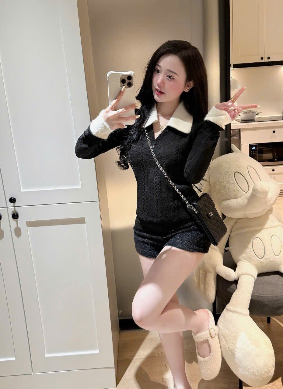  Set áo tay dài cổ đức mix quần short lông thỏ - ĐEN - E103 (EO S<68, M<72) - TÍNH MÀU QUẦN 