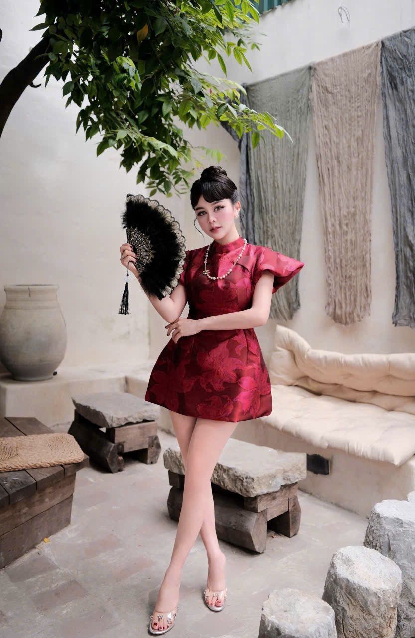  Đầm cách tân cổ tàu dáng A vân hoa - ĐỎ - E107 (EO S<68, M<72) 