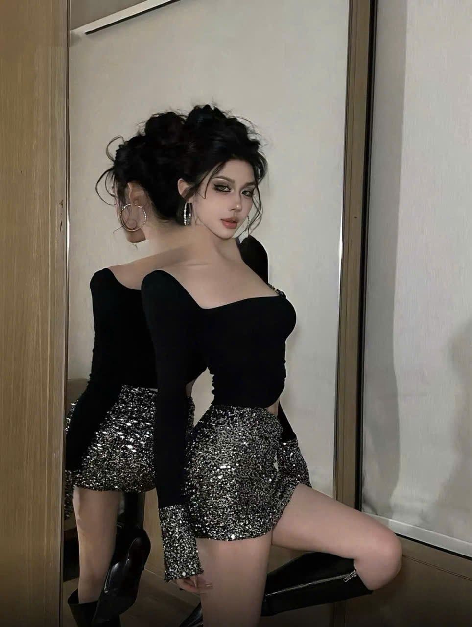  Set áo cổ vuông tay dài phối kim sa mix chân váy siêu bling - E114 (EO S<68 , M<72) 