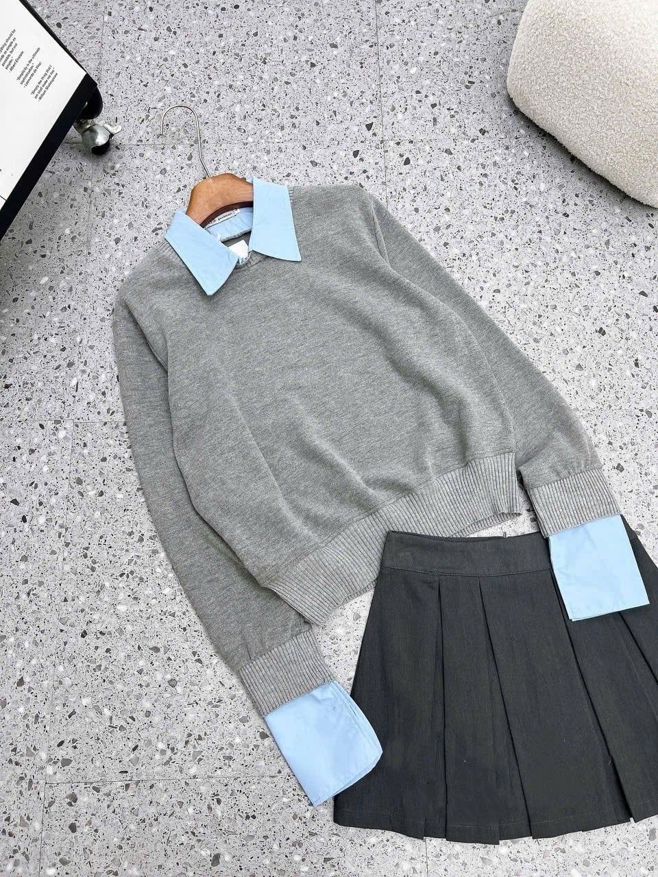  Set áo len phối cổ sơ mi mix chân váy xếp li - S185 (EO S<68, M<72) 