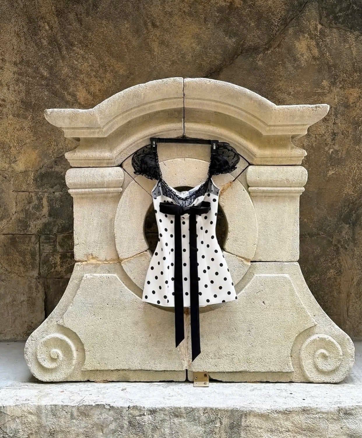  Đầm tay bồng chấm bi phối ren đính nơ to dáng ngắn - G96 ( eo S<68, M<72, L<76 ) Dài 76cm 