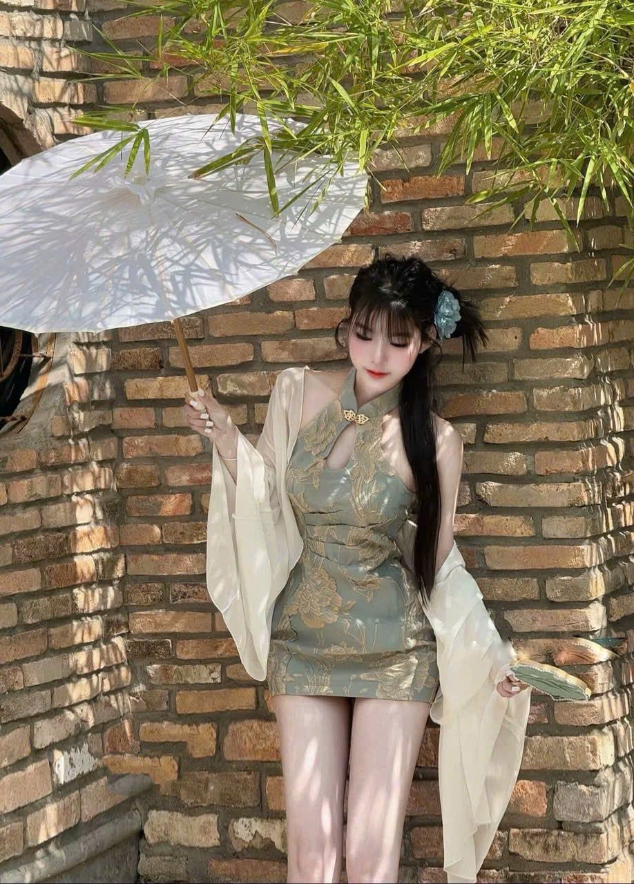  Váy gấm cổ yếm dáng ngắn trung hoa - G104 (EO S<68, M<72) 