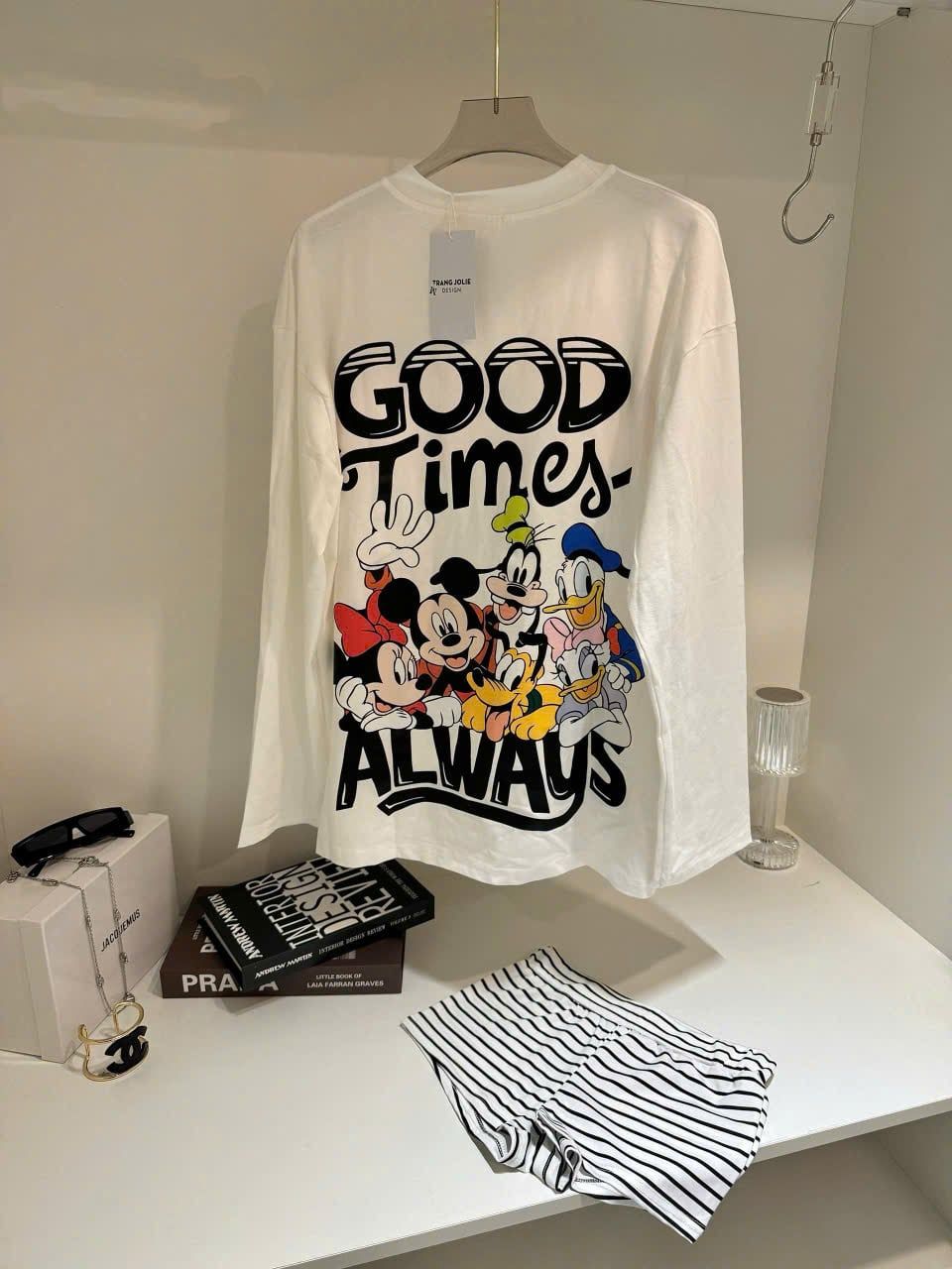  Set áo thun tay dài in 2 mặt mickey mix quần short kẻ - TRẮNG - Z12 