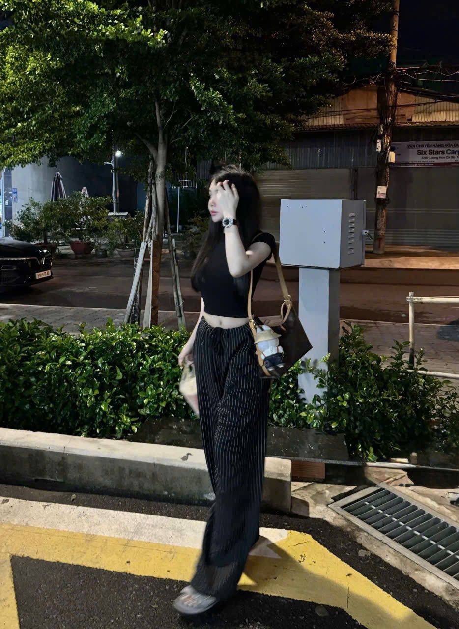  Set áo cộc tay croptop mix quần suông kẻ dây rút - Z145 