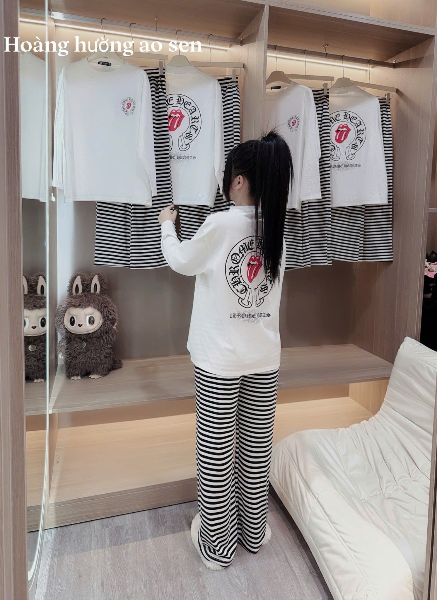  Set áo tay dài form rộng in logo mix quần suông dài kẻ - Z161 