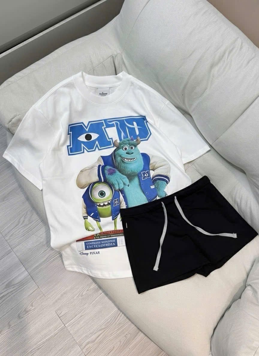  Set áo thun form rộng in hoạt hình mix quần giả váy lưng chun - TRẮNG - C5 