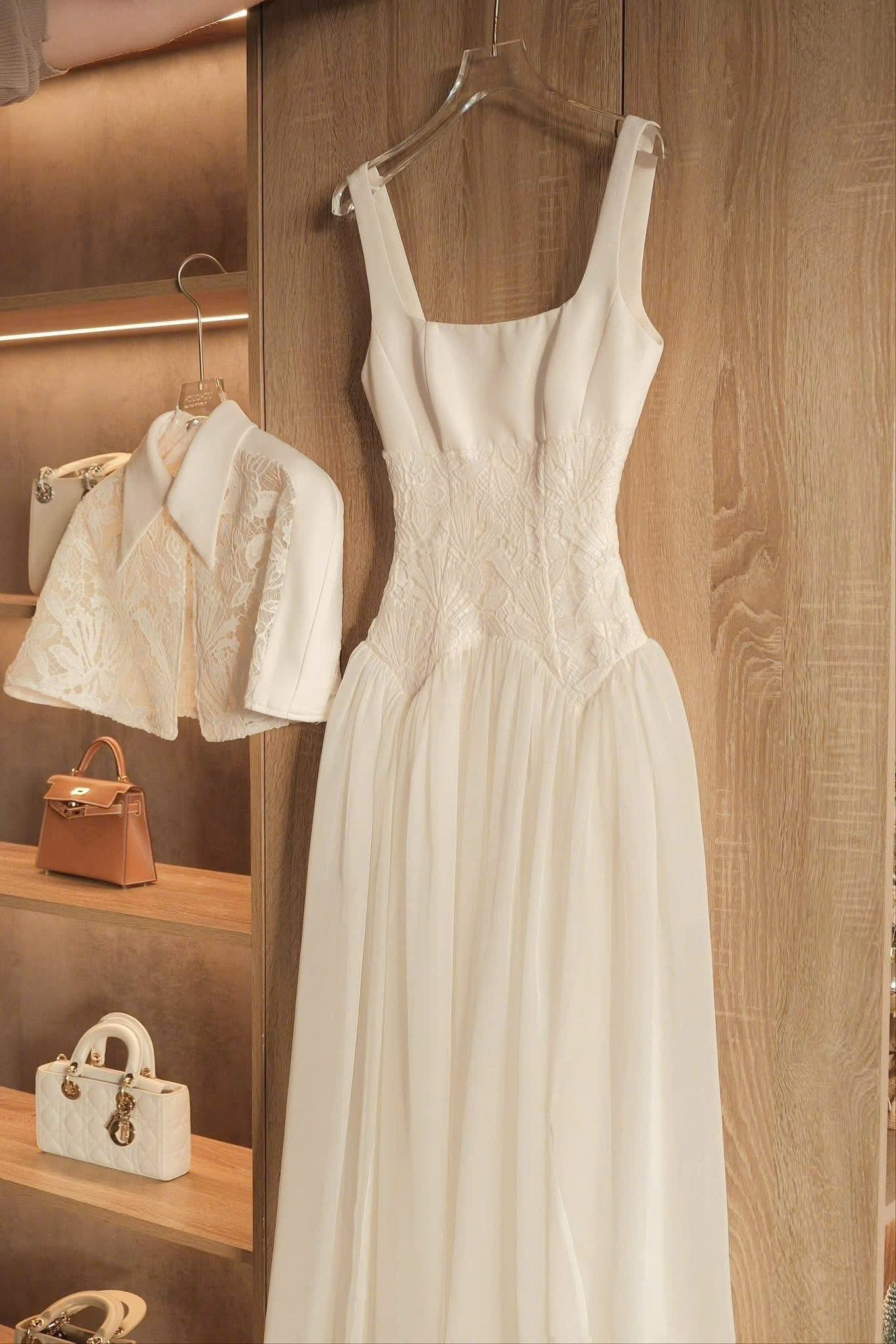  Set 2 món đầm cổ u phối ren dáng dài kèm choàng dơi ren - C73 (EO S<68, M<72, L<76) - DÀI 135CM 