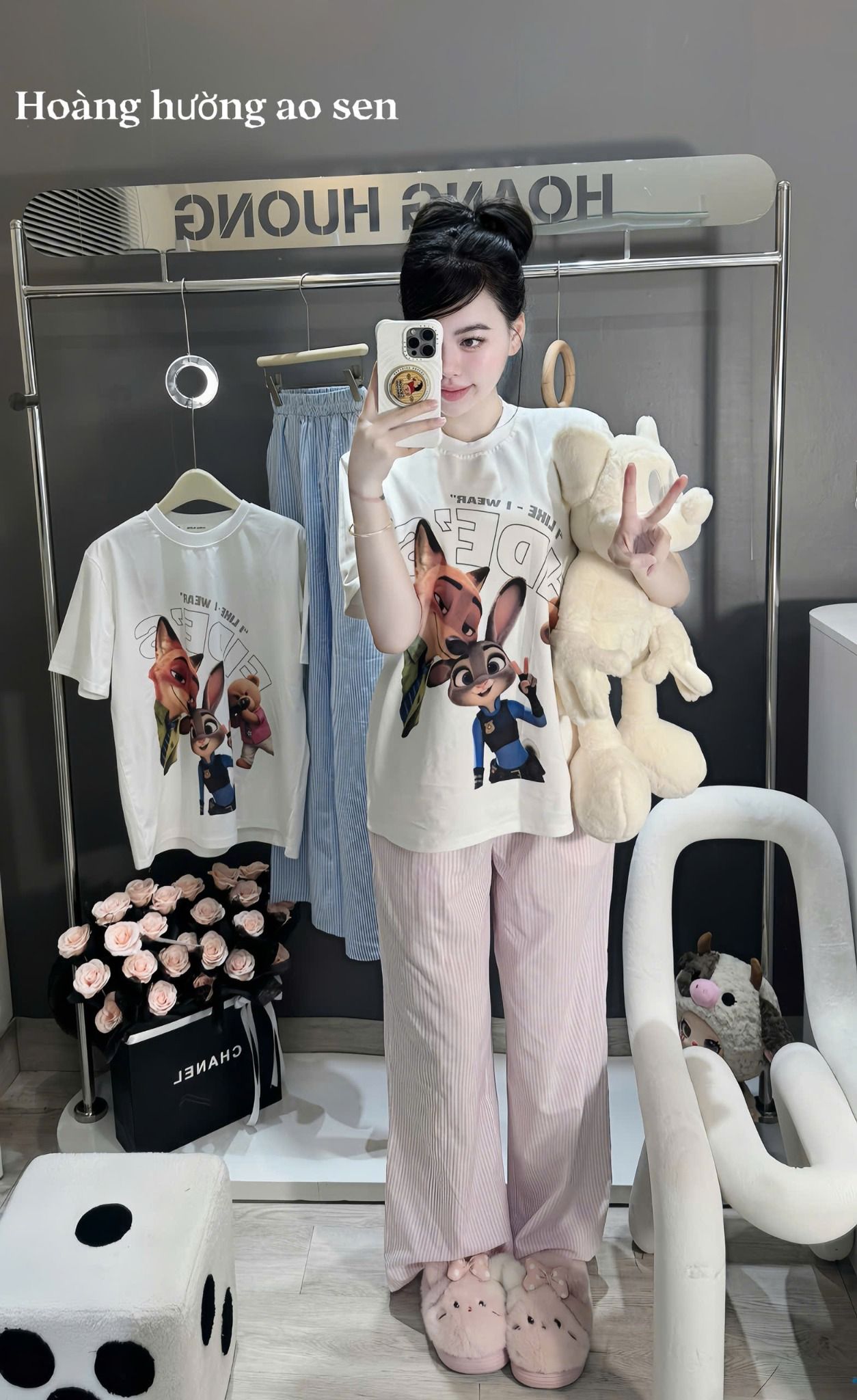  Set áo thun in hình họa tiết dễ thương mix quần kẻ ống rộng dáng dài - HỒNG - C66 