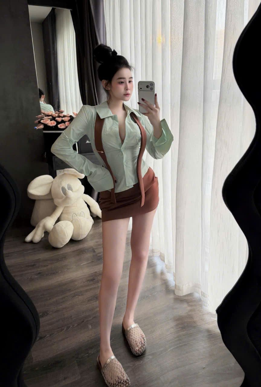  Set 3 món áo sơ mi kèm dây mix chân váy ngắn - XANH - S186 (EO S<68, M<72) 