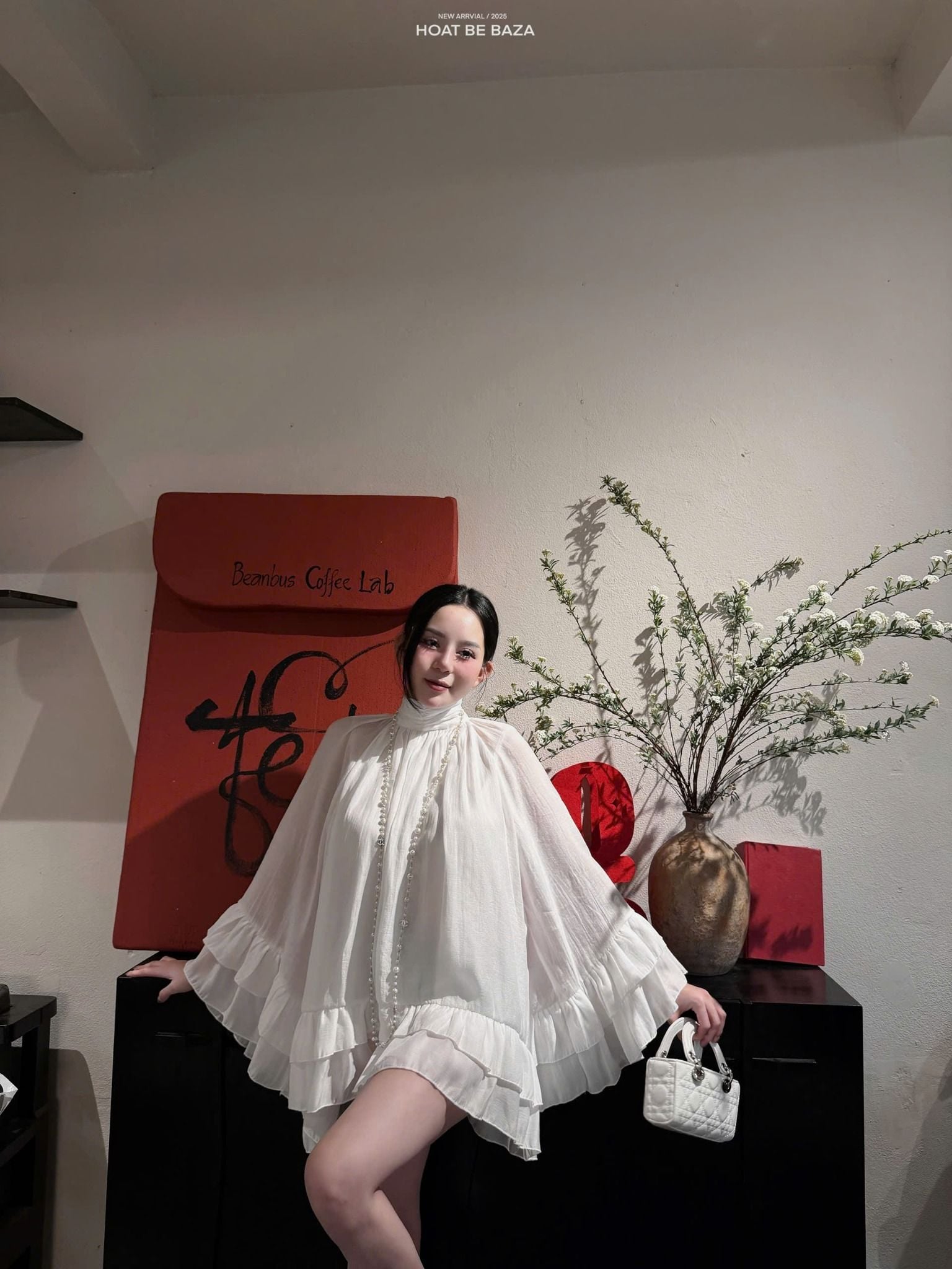  Đầm babydoll cổ lọ tay bèo form rộng - TRẮNG - S189 