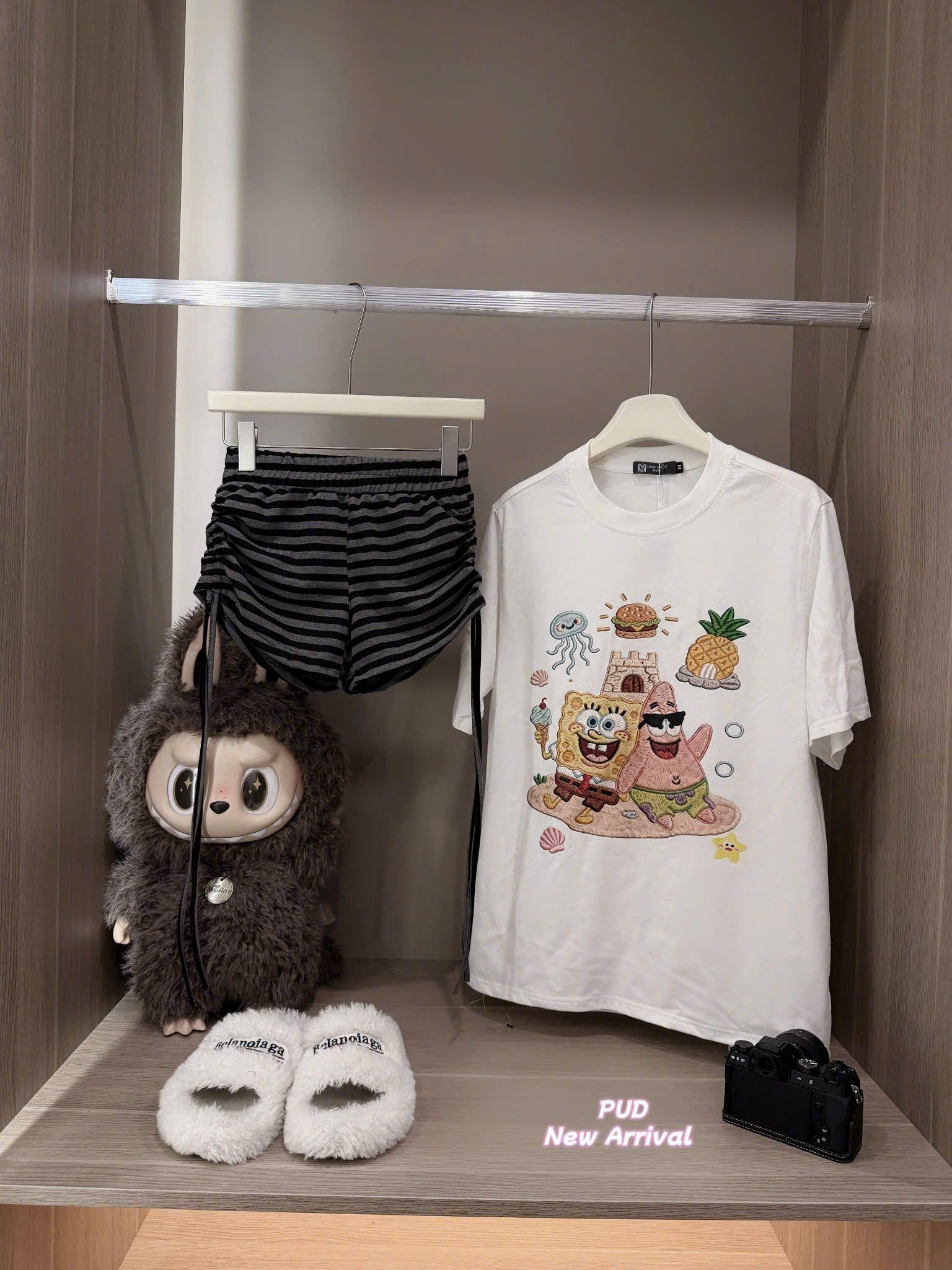  Set áo phông thêu họa hình mix quần short kẻ dây rút - S207 