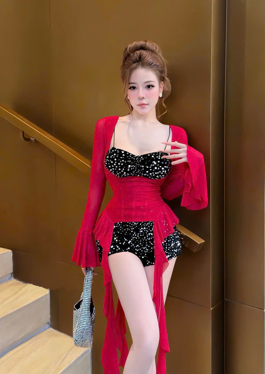  Set 2 món tay dài phối áo cúp ngực 2s mix quần short kim sa - ĐỎ - B8 (EO S<68, M<72) 