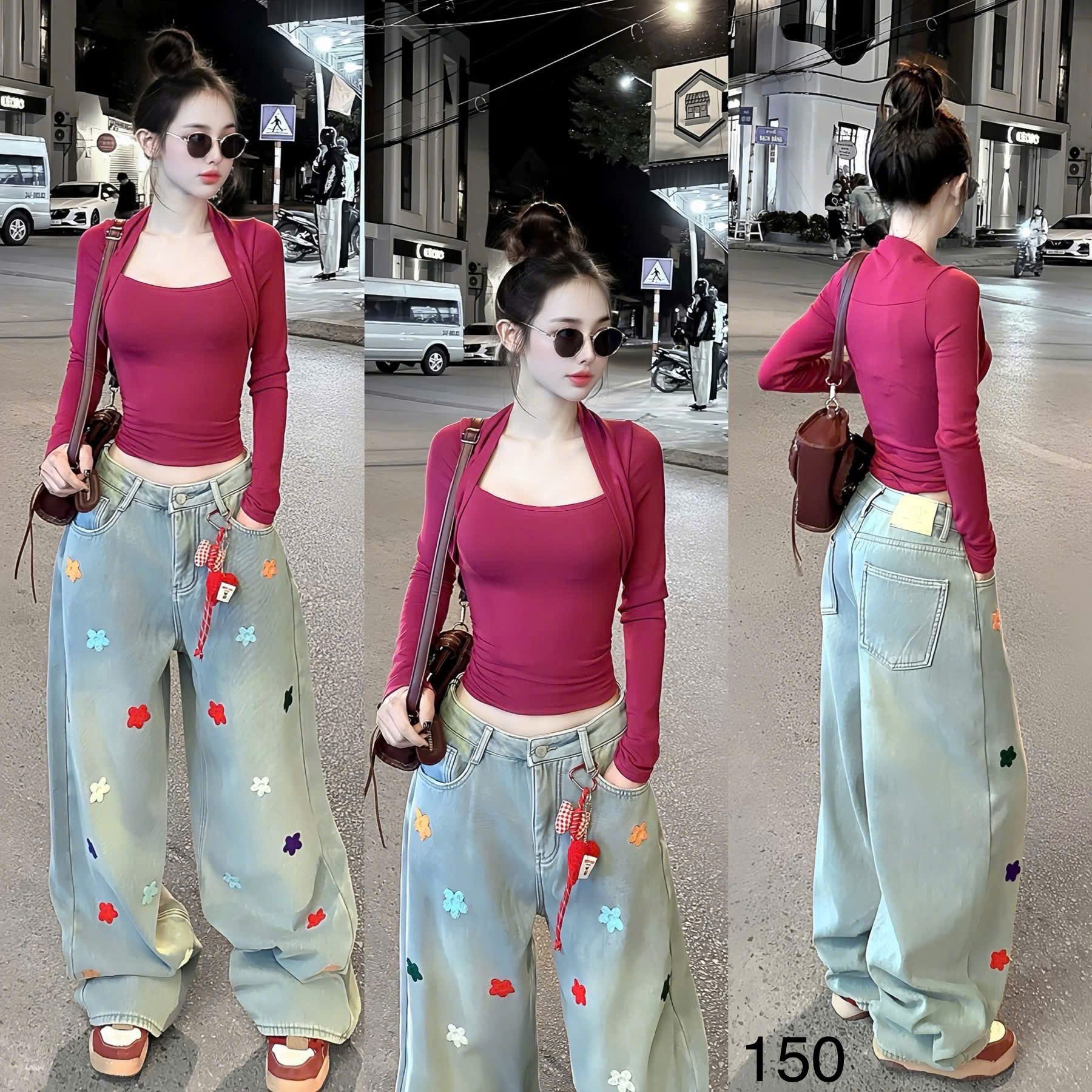  Quần jean ống suông thêu họa tiết ko kèm charm - B59 (EO S<64, M<68, L<72) ( DÀI 102CM ) 