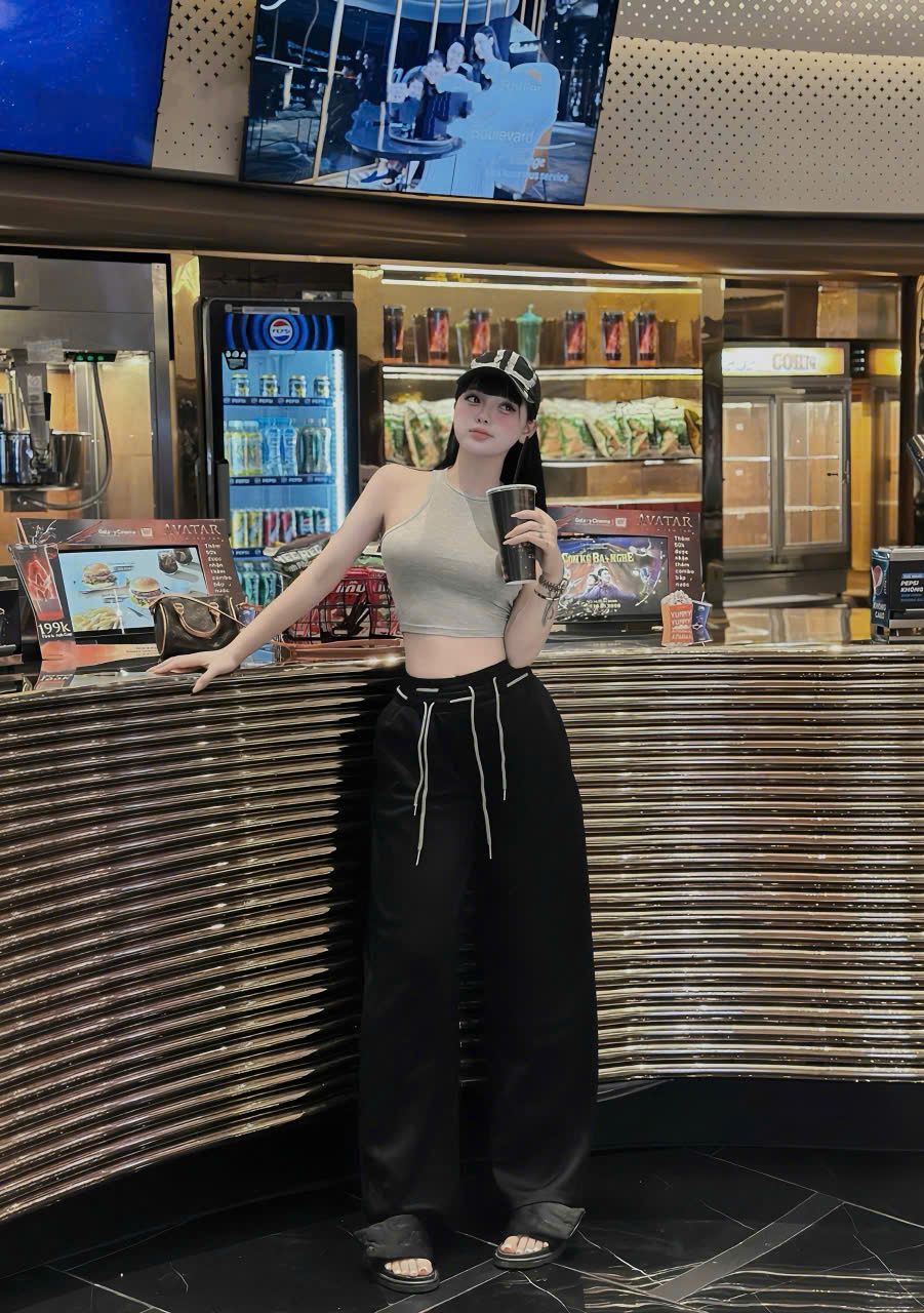  Set áo ba lỗ ngược mix quần suông ống rộng dây rút - XÁM - B77 (TÍNH MÀU ÁO) 