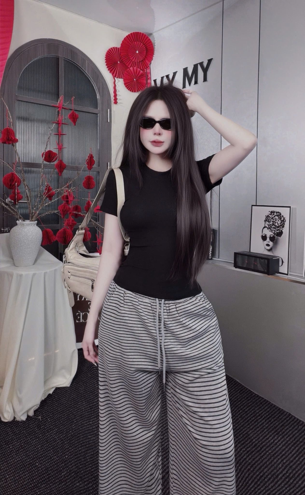  (249K SALE SỐC 149K) Set áo beauty ôm fix dáng phối quần len thun suông kẻ - ĐEN - B39 ( ÁO 48CM, QUẦN DÀI 95CM ) 