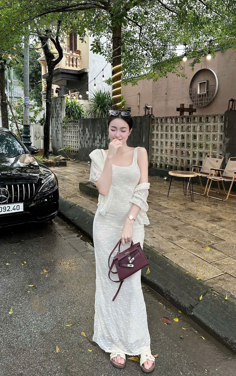  Set 2 món đầm body cổ u dáng dài kèm choàng - KEM - B90 (EO S<68, M<72 co dãn nhẹ) 