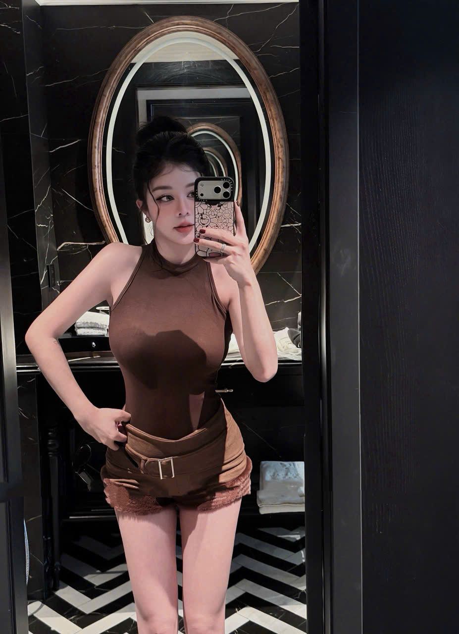  Set áo ba lỗ ngược mix quần short phối dây đai lông - NÂU - B99 (EO S<68, M<72) 