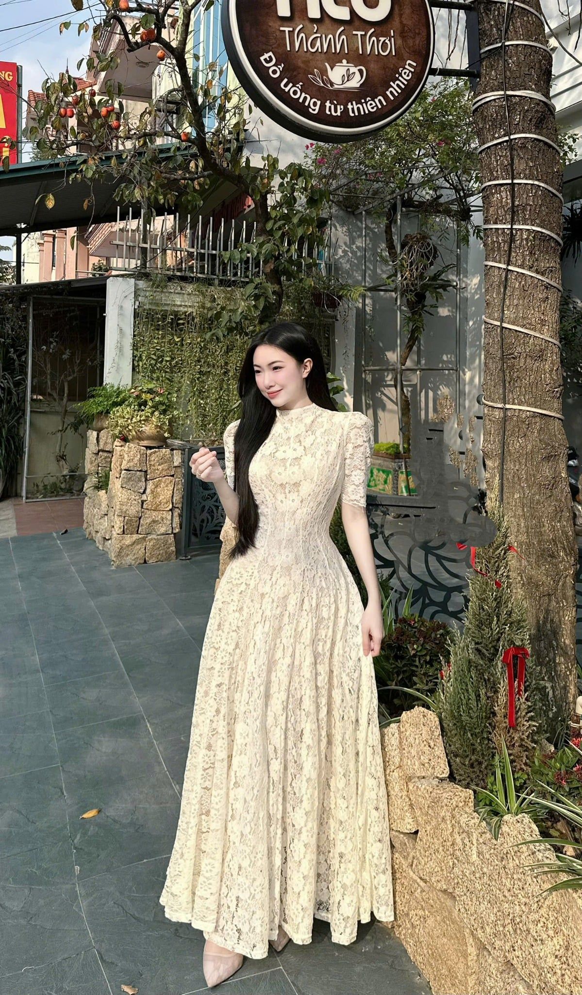  Váy ren tay lỡ cổ cao dáng dài xòe hàng cao cấp - G3 (EO S<66, M<70, L<74) 