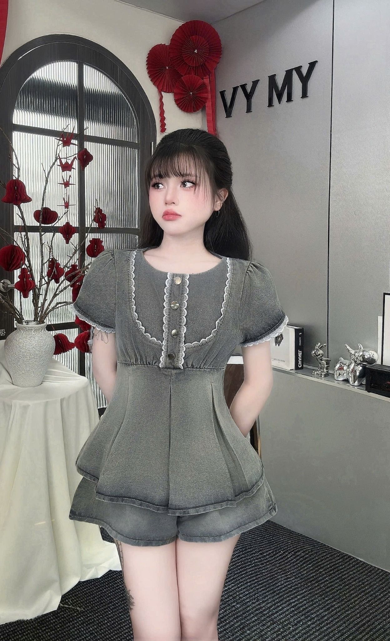  Set jean áo tay hến phối viền ren mix quần short - Z169 