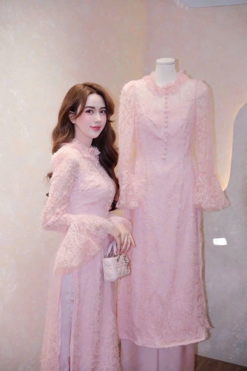  Set 2 món áo dài ren lông tay loe nút bọc mix quần suông - HỒNG - B25 (EO S<68, M<72, L<76) 