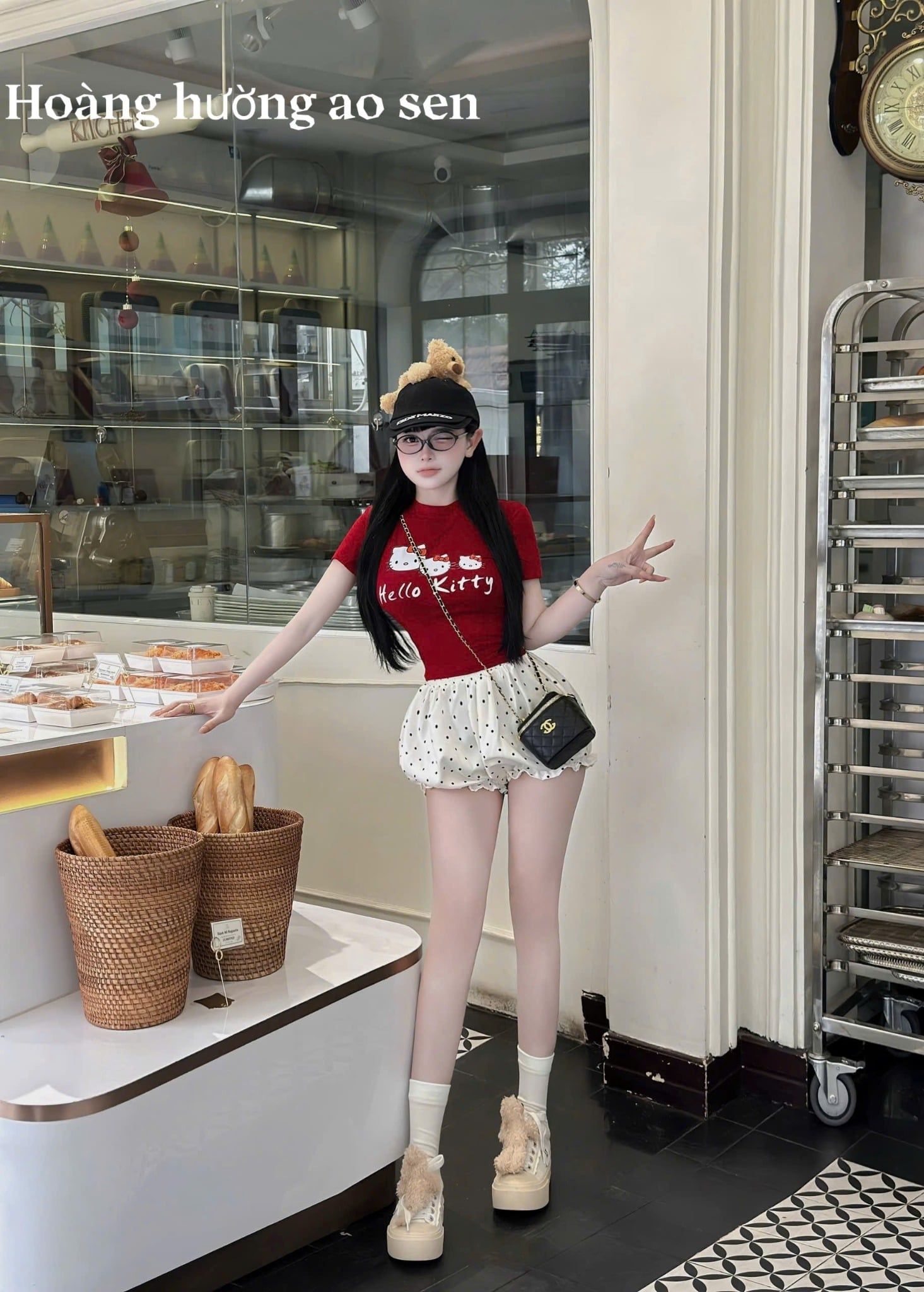  Set áo thun form ôm hello kitty mix quần bí bo chun chấm bi - ĐỎ - Q10 