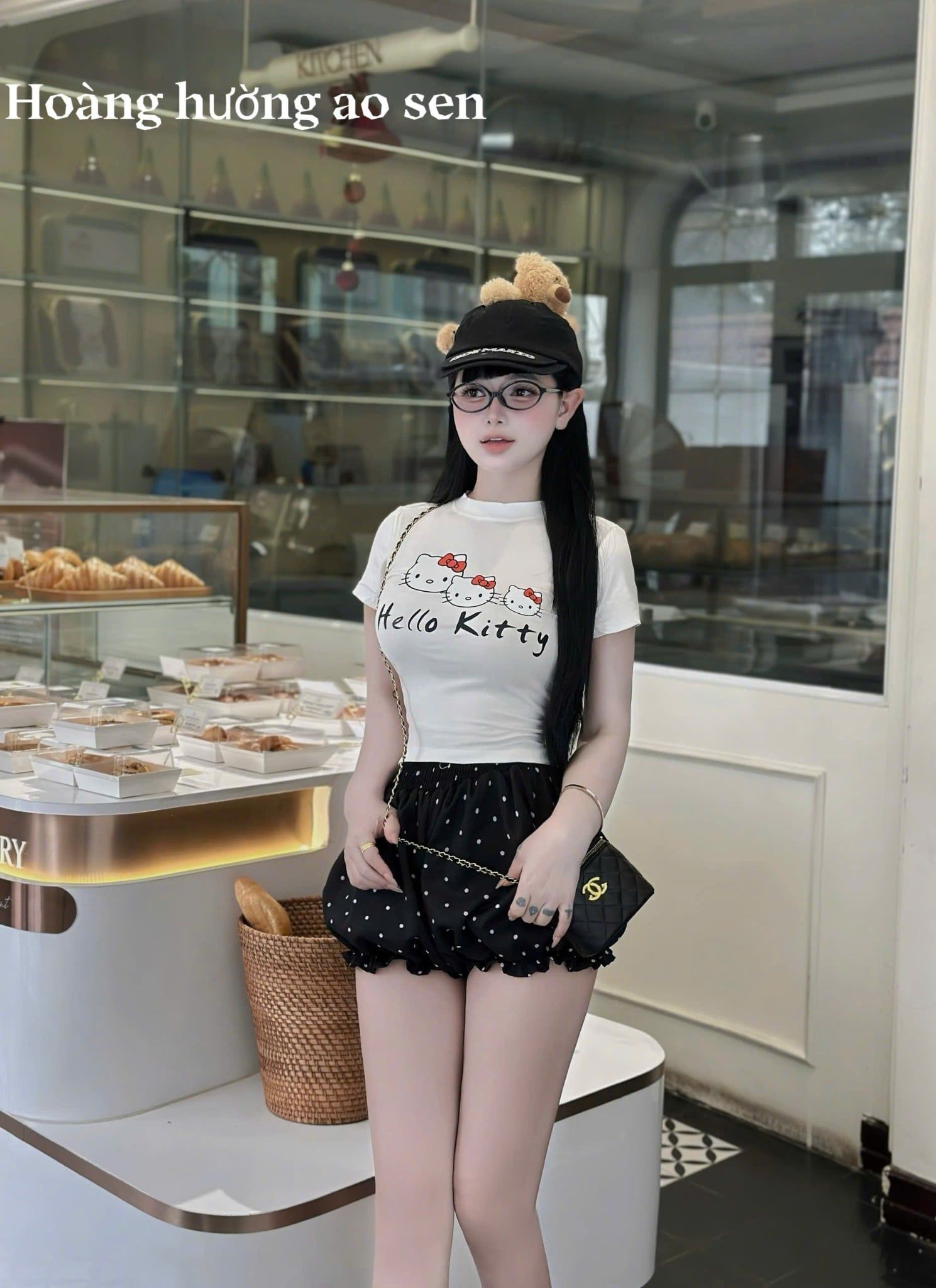  Set áo thun form ôm hello kitty mix quần bí bo chun chấm bi - TRẮNG - Q11 