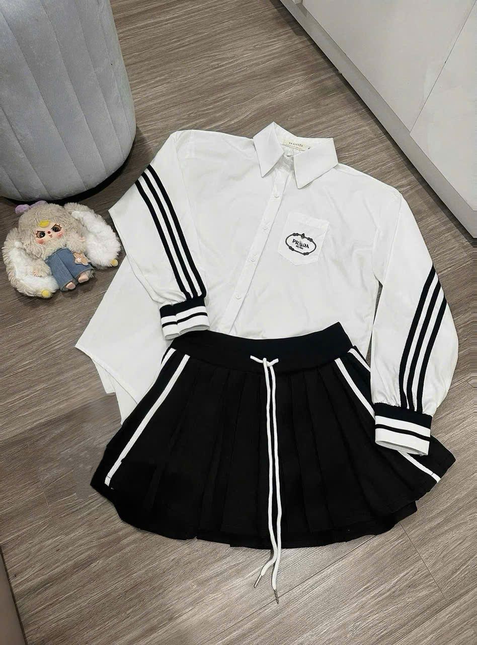  Set áo sơ mi tay bo mix chân váy xếp li kẻ sọc - Q12 