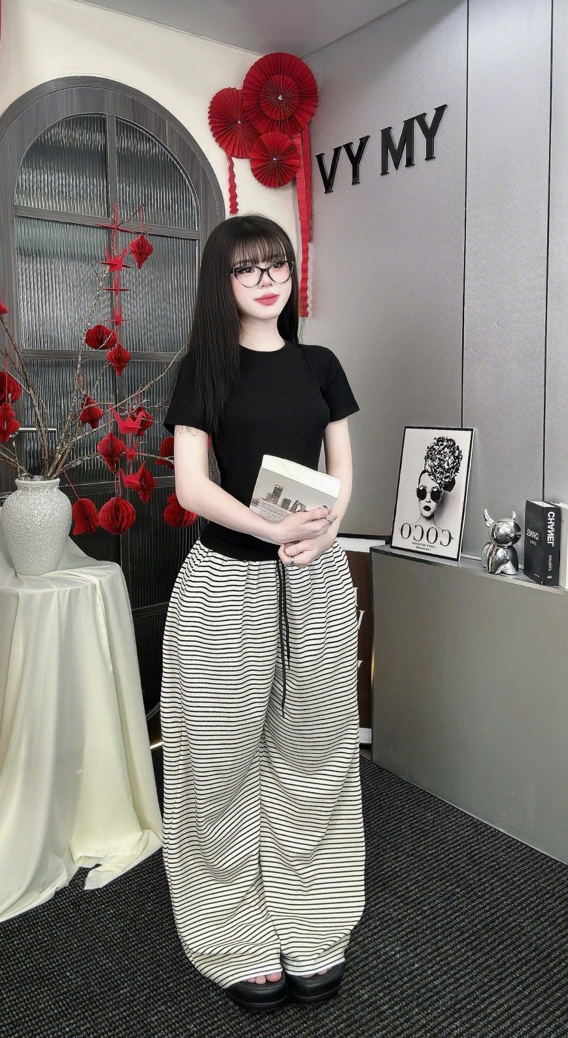  Set áo babyte trơn mix quần suông ống rộng kẻ basic - ĐEN - B173 (QUẦN DÀI 102CM) 