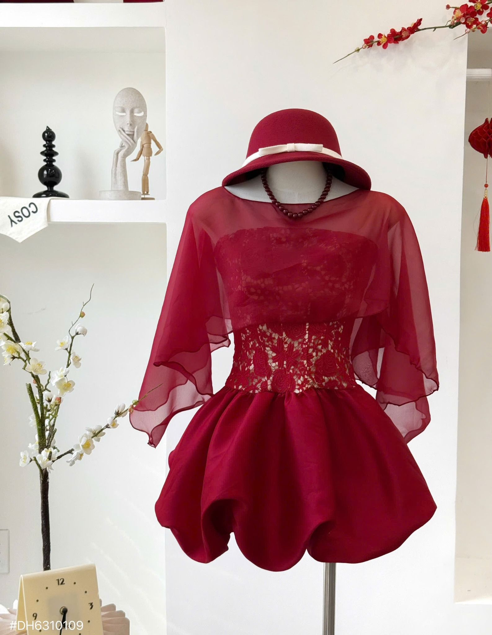  Set 2 món đầm quây ren chân tacta bí kèm khăn choàng voan - ĐỎ - Q56 (EO S<68, M<72) 