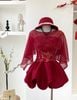  Set 2 món đầm quây ren chân tacta bí kèm khăn choàng voan - ĐỎ - Q56 (EO S<68, M<72) 