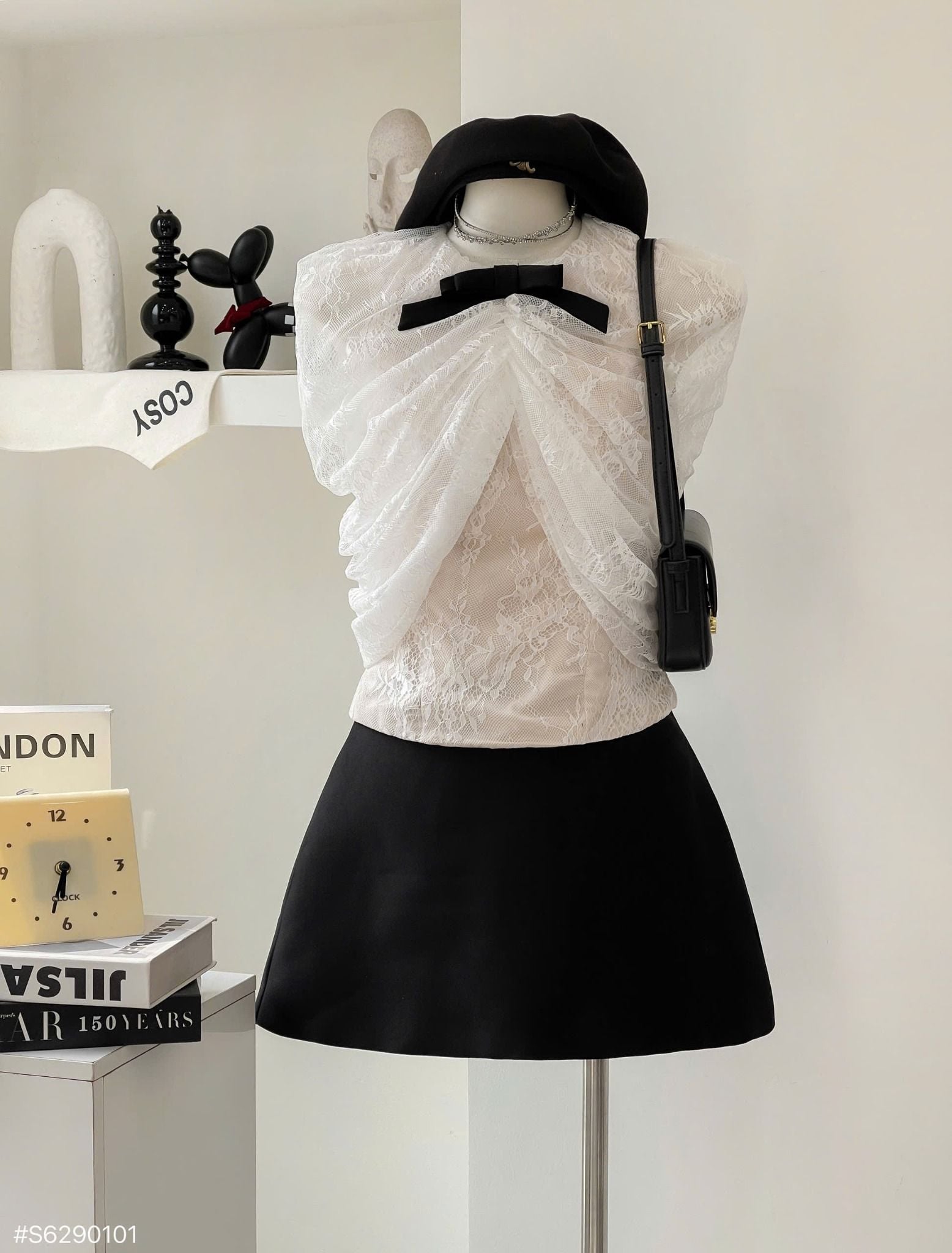  Set áo sát nách phối tay ren đính nơ mix chân váy tacta form A - Q55 (EO S<68, M<72) 