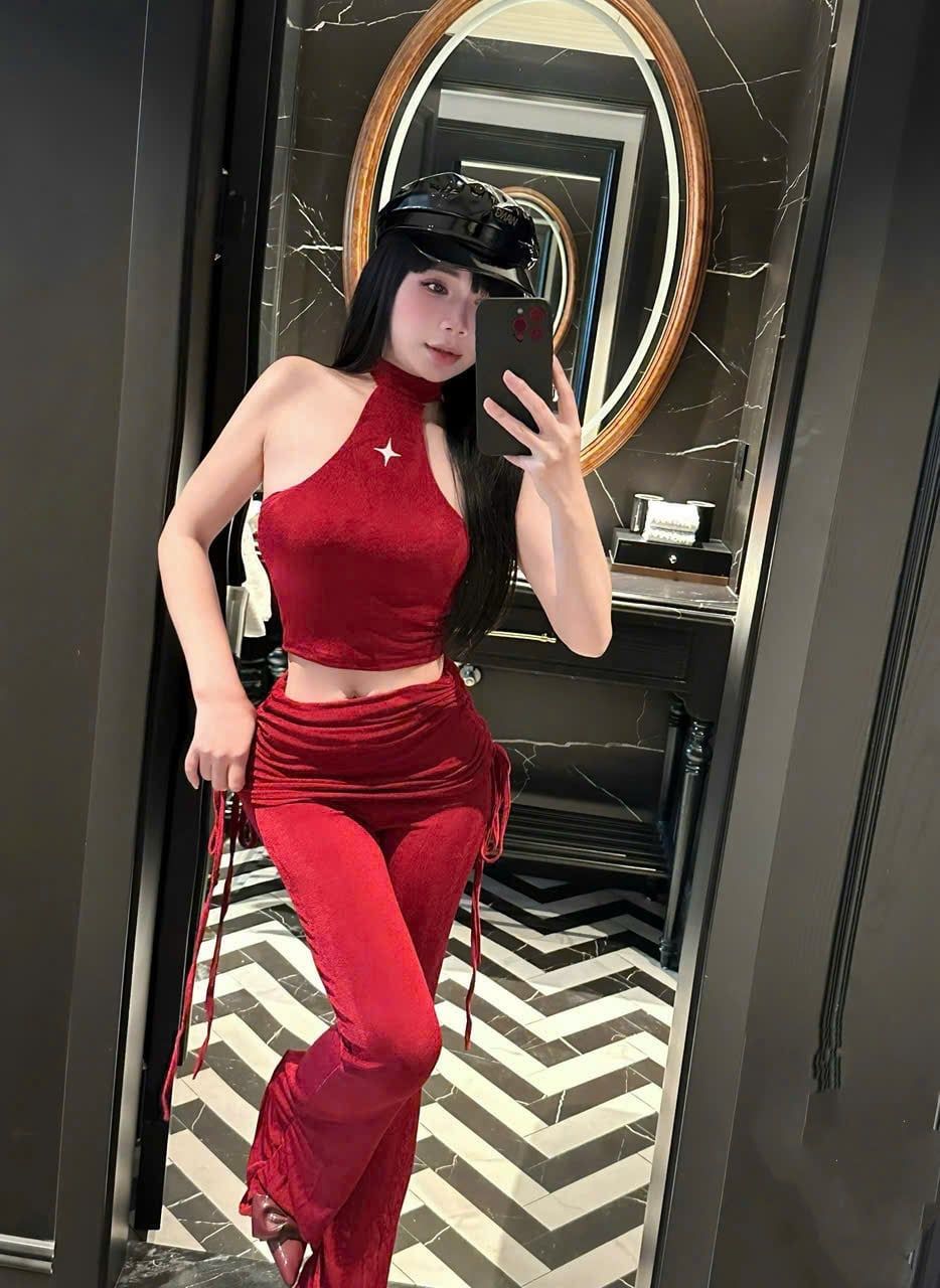  Set áo cổ yếm croptop mix quần suông loe lưng nhún dây rút - ĐỎ - Q62 