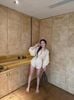 Set áo sơ mi tay phồng vân nổi mix quần short ngắn chất ren thô - K7 (EO S<68, M<72)